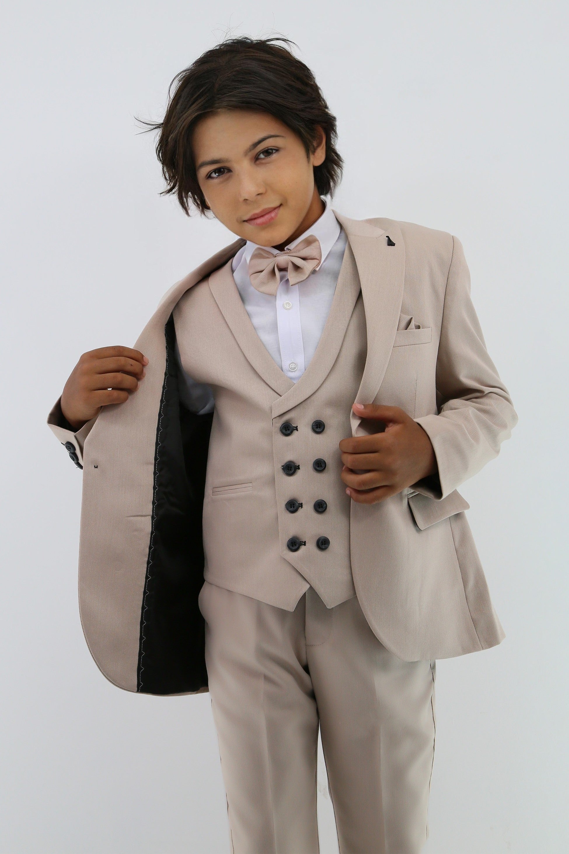 Boys Suit with Double Breasted Waistcoat 6 PC Set - Taupe Beige