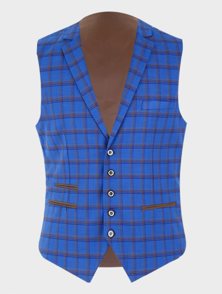 Men's Slim Fit Retro Check Blazer and Waistcoat - GRAVANO - Royal Blue