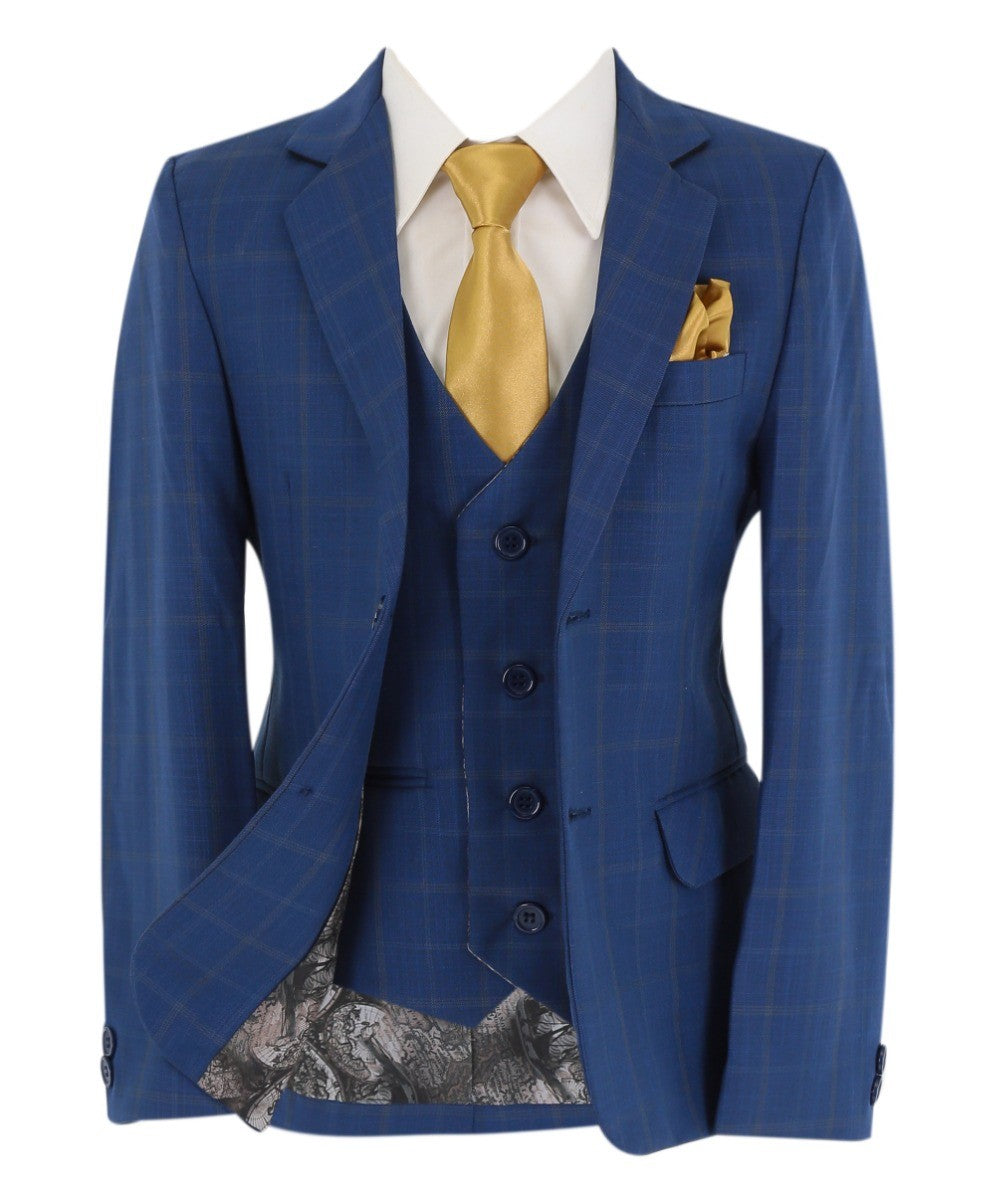 Boys Windowpane Check 6 Piece Suit Set - Navy