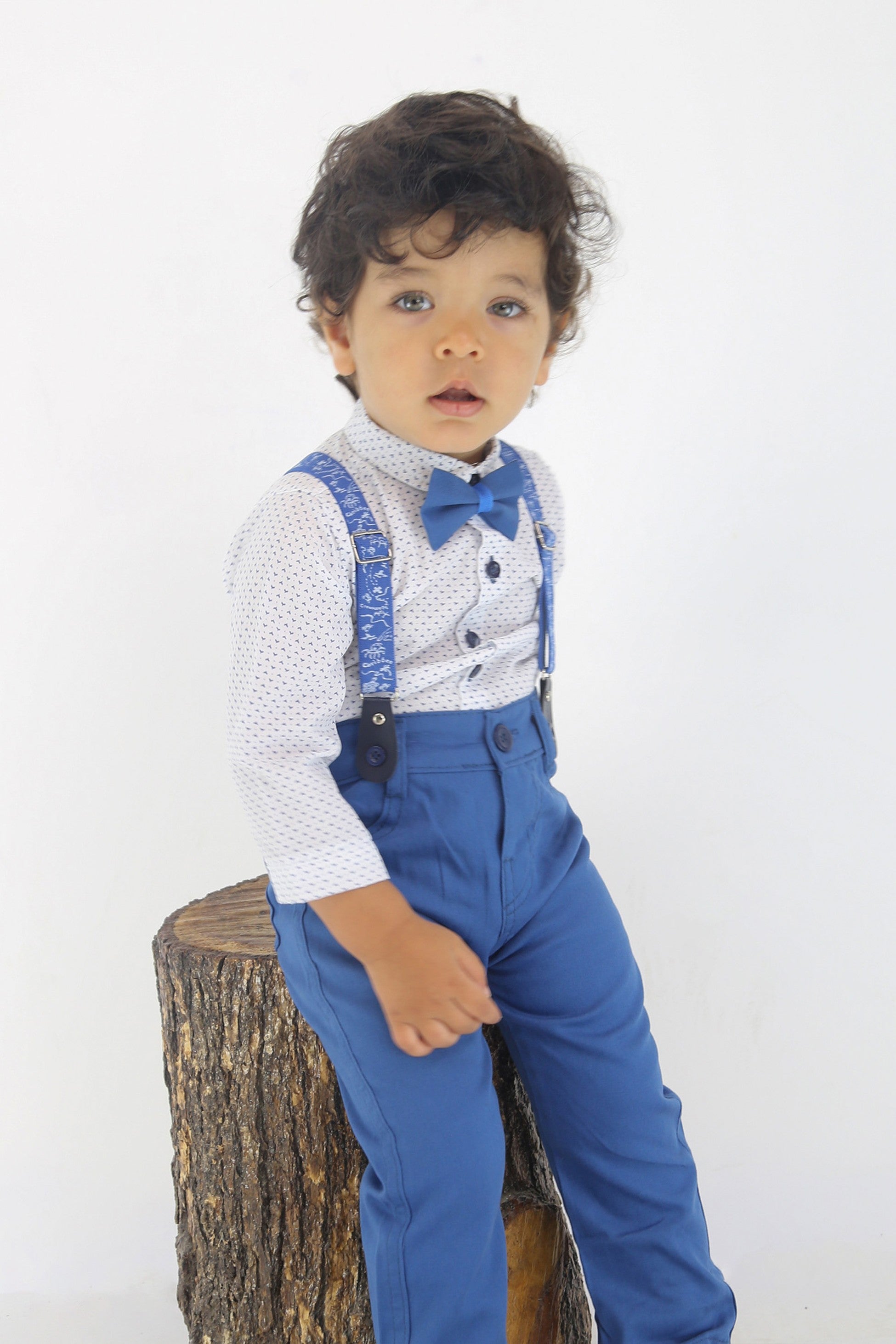 Baby Boys Gentleman Outfit - 4 PC Suspenders Pant Suit Set - BIRD - Blue