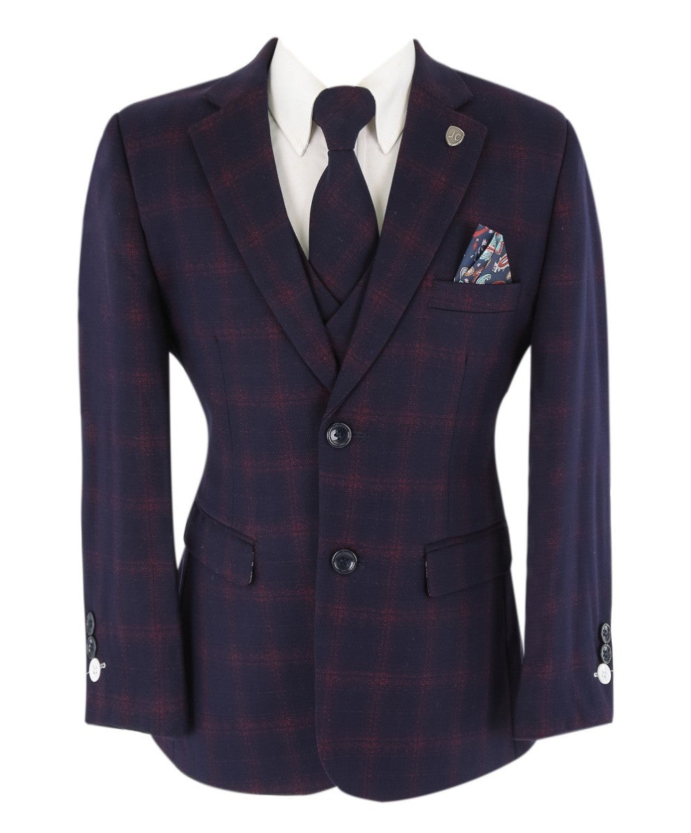 Boys Retro Check Tailored Fit Navy Suit - Navy Blue and Burgundy