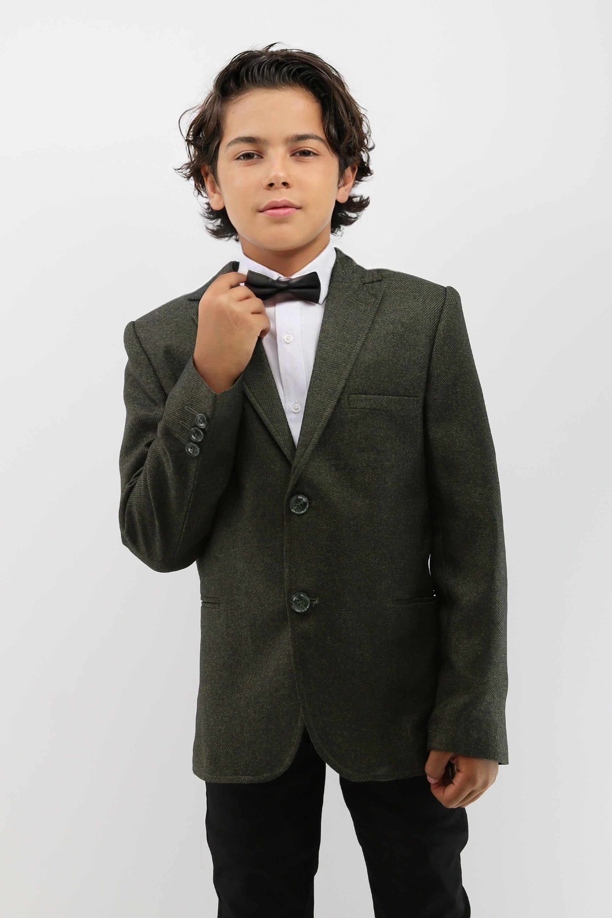 Boys Formal Textured Blazer Jacket - Khaki Green