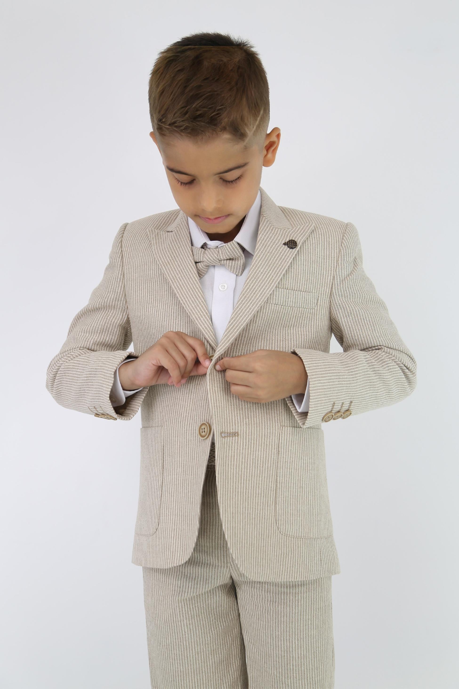 Boys Striped Cotton Seersucker Short Suit – ALEXANDER - Camel Beige