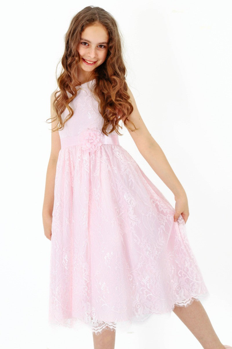 Girls Sleeveless Lace Embroidered Dress - Light Pink