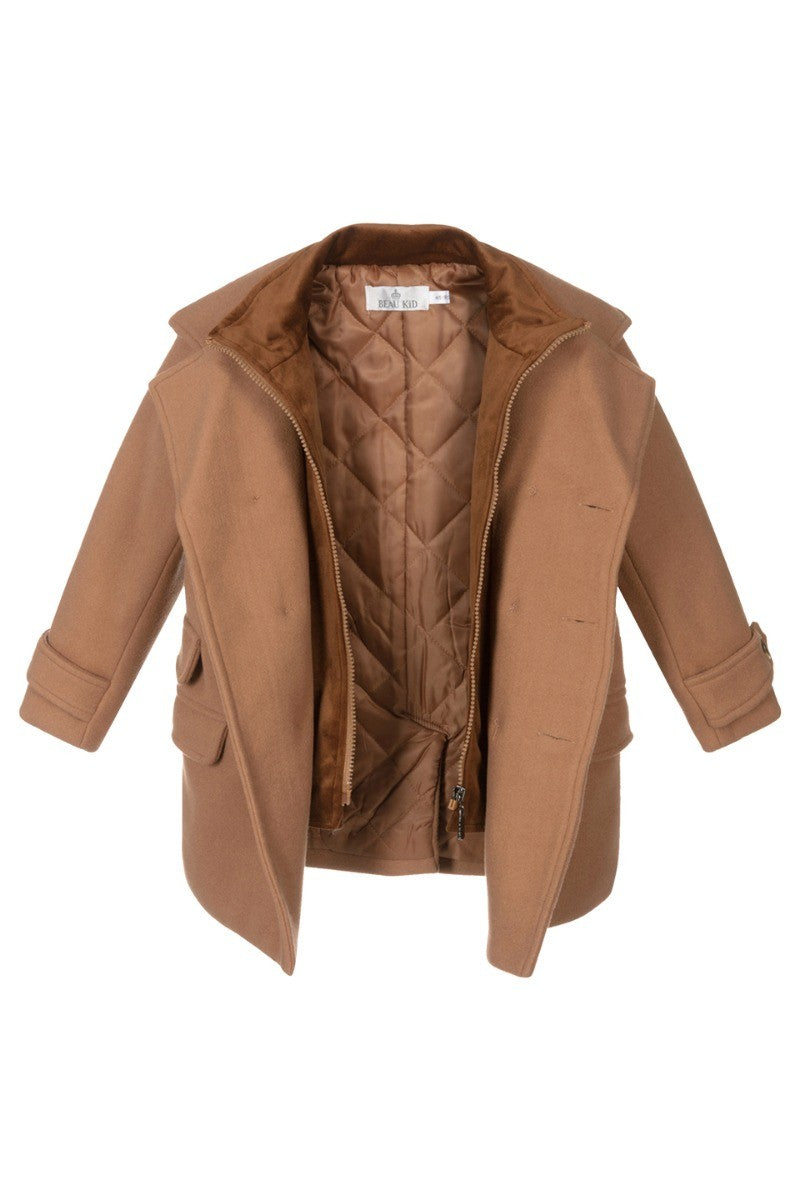 Boys Tweed Double Breasted Midi Geke Coat - Camel Beige