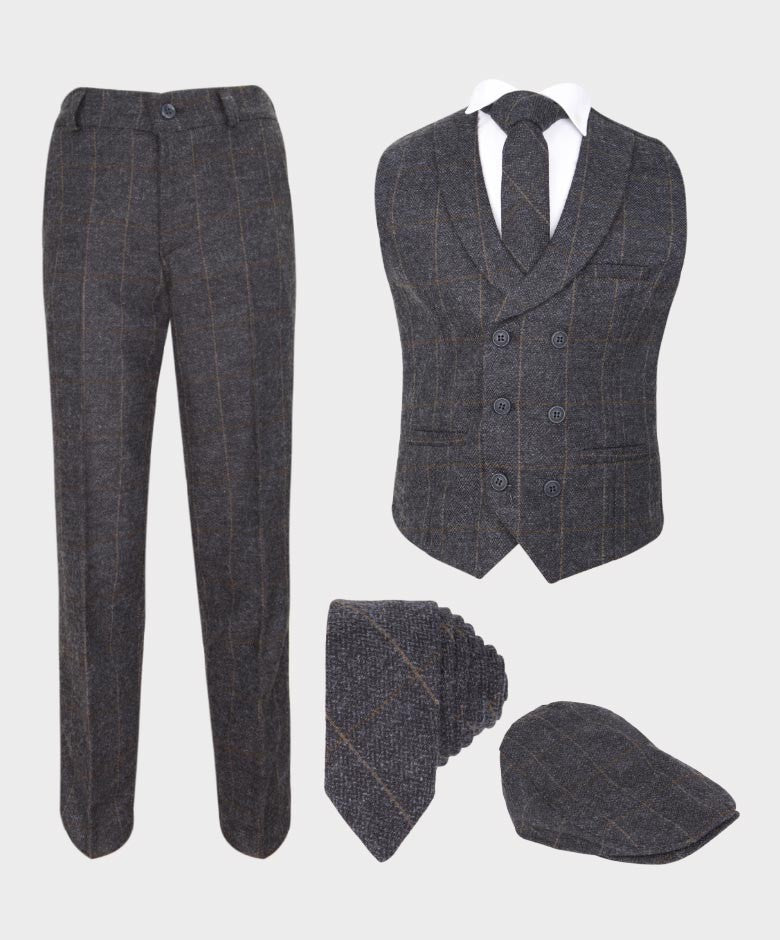 Boys Herringbone Check Double-breasted Waistcoat Suit Set - Dark Grey