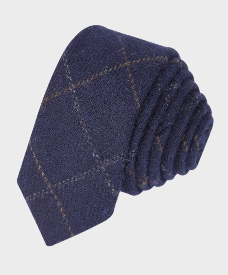 Boys Windowpane Tweed Navy Tie and Hanky Set - Navy Blue