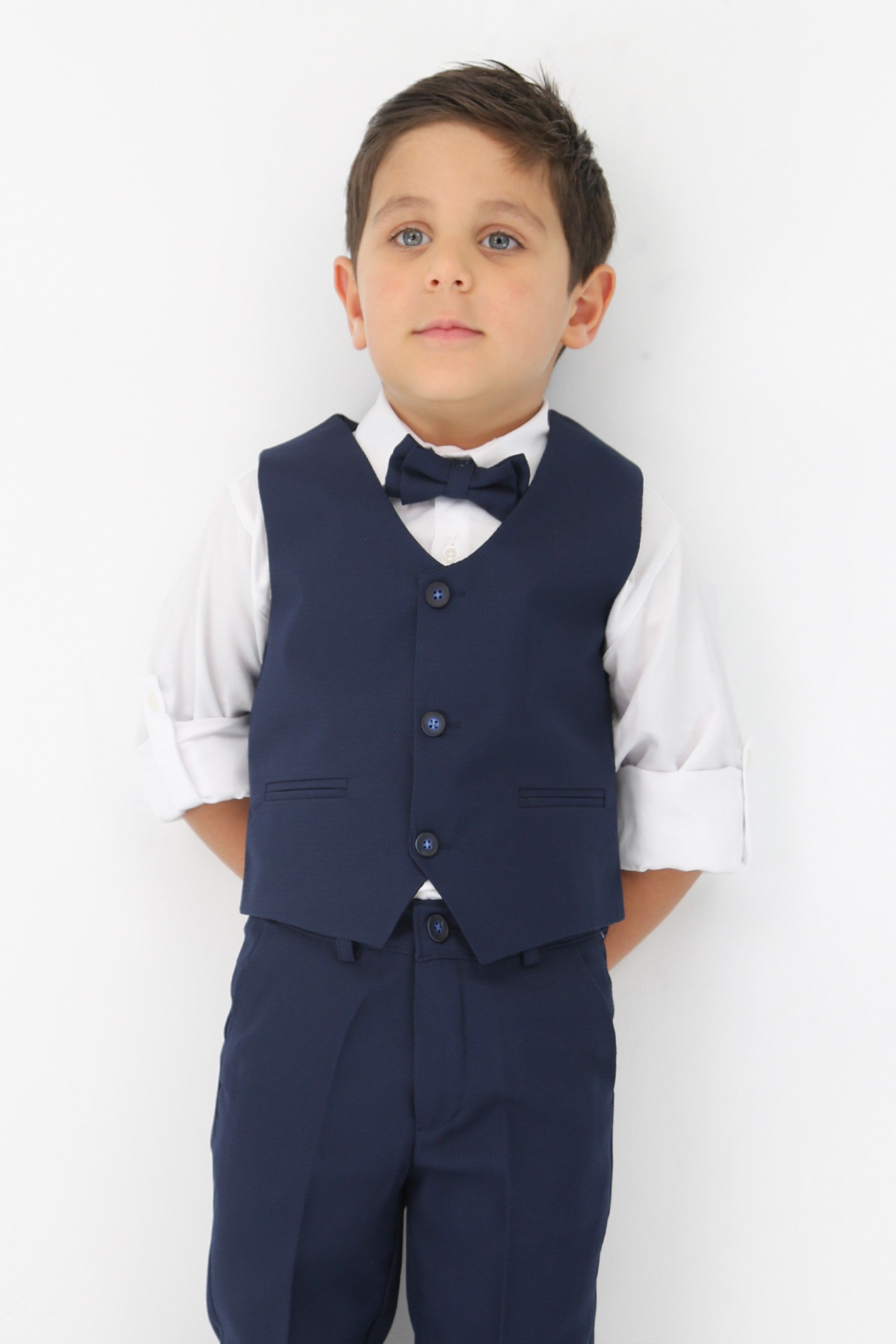 Boys' Slim Fit Textured Waistcoat Suit Set, Formal Outfit - Navy Blue