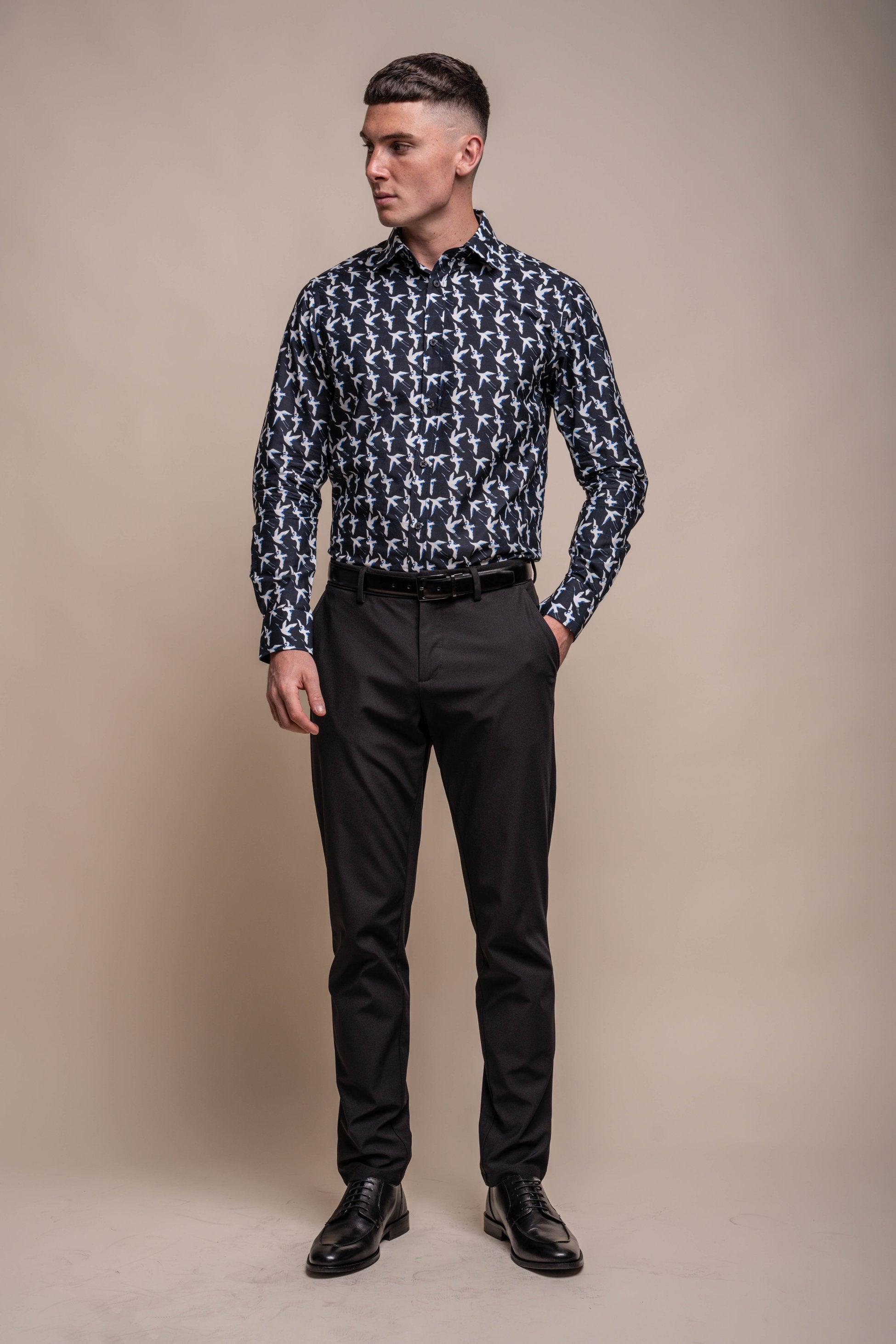 Men's Cotton Bird Pattern Long Sleeve Shirt - Blue Black