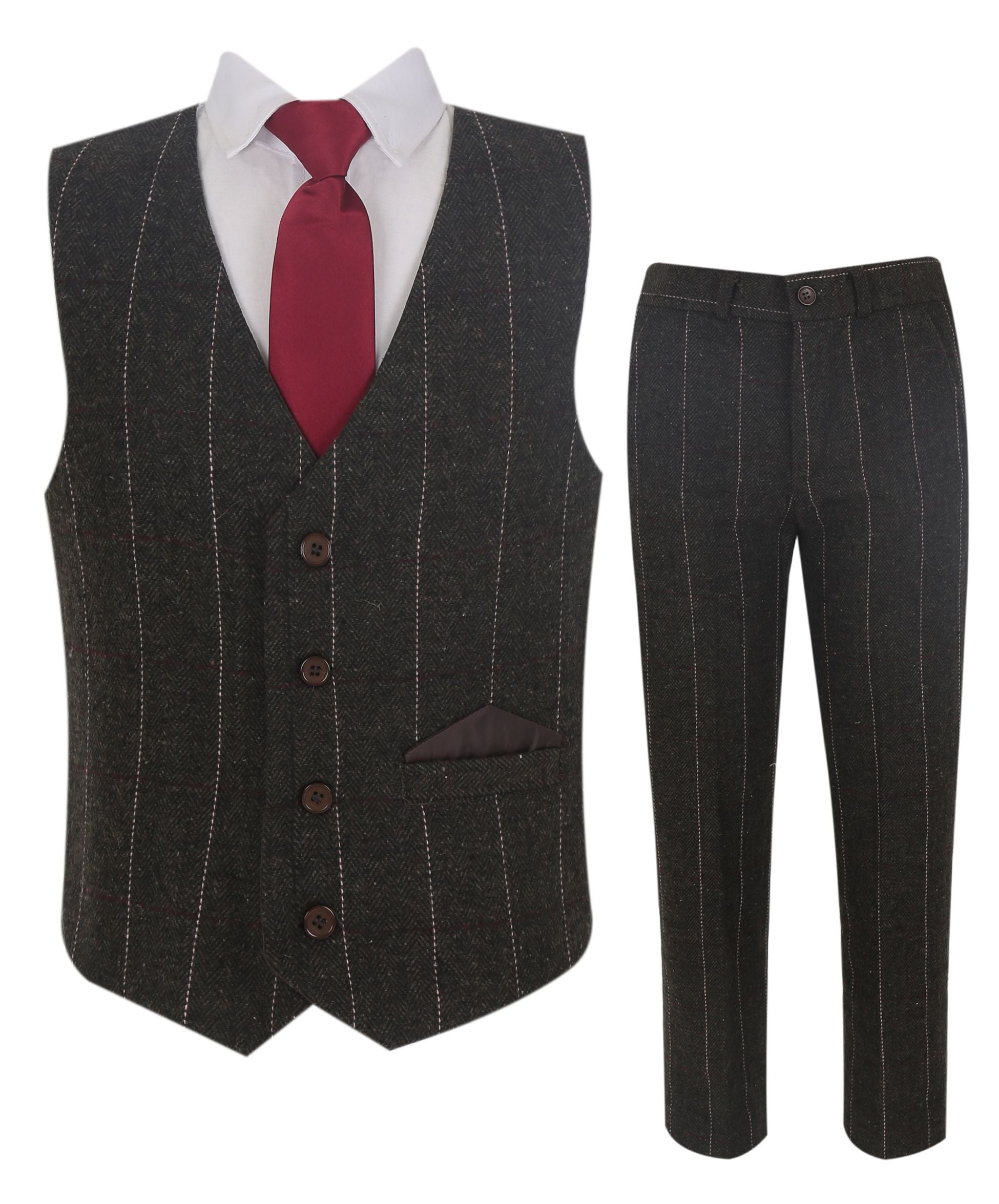 Boys Tweed Pinstrip Dark Brown Waistcoat Suit Set