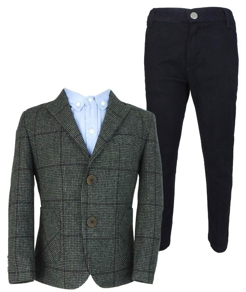 Boys Herringbone Windowpane Wool Suit - Grey