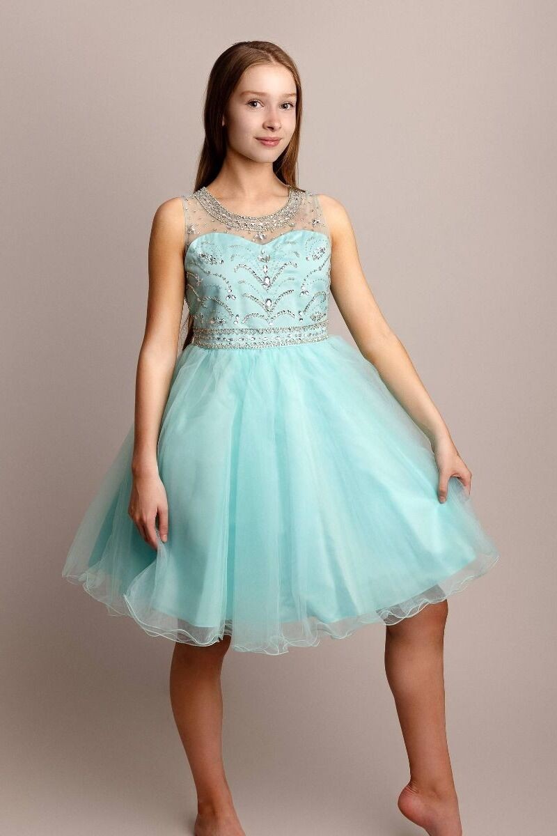 Girls Tulle Dress with Sequin Embellishments - LOLA - Aqua Blue