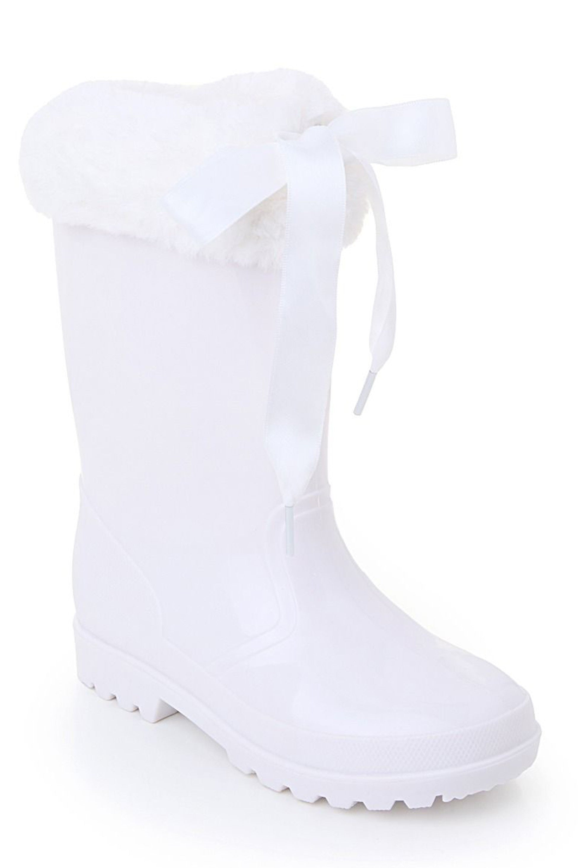 Girls' Ribbon Wellington Boots with Faux Fur, Waterproof Wellies – VIVIAN - White