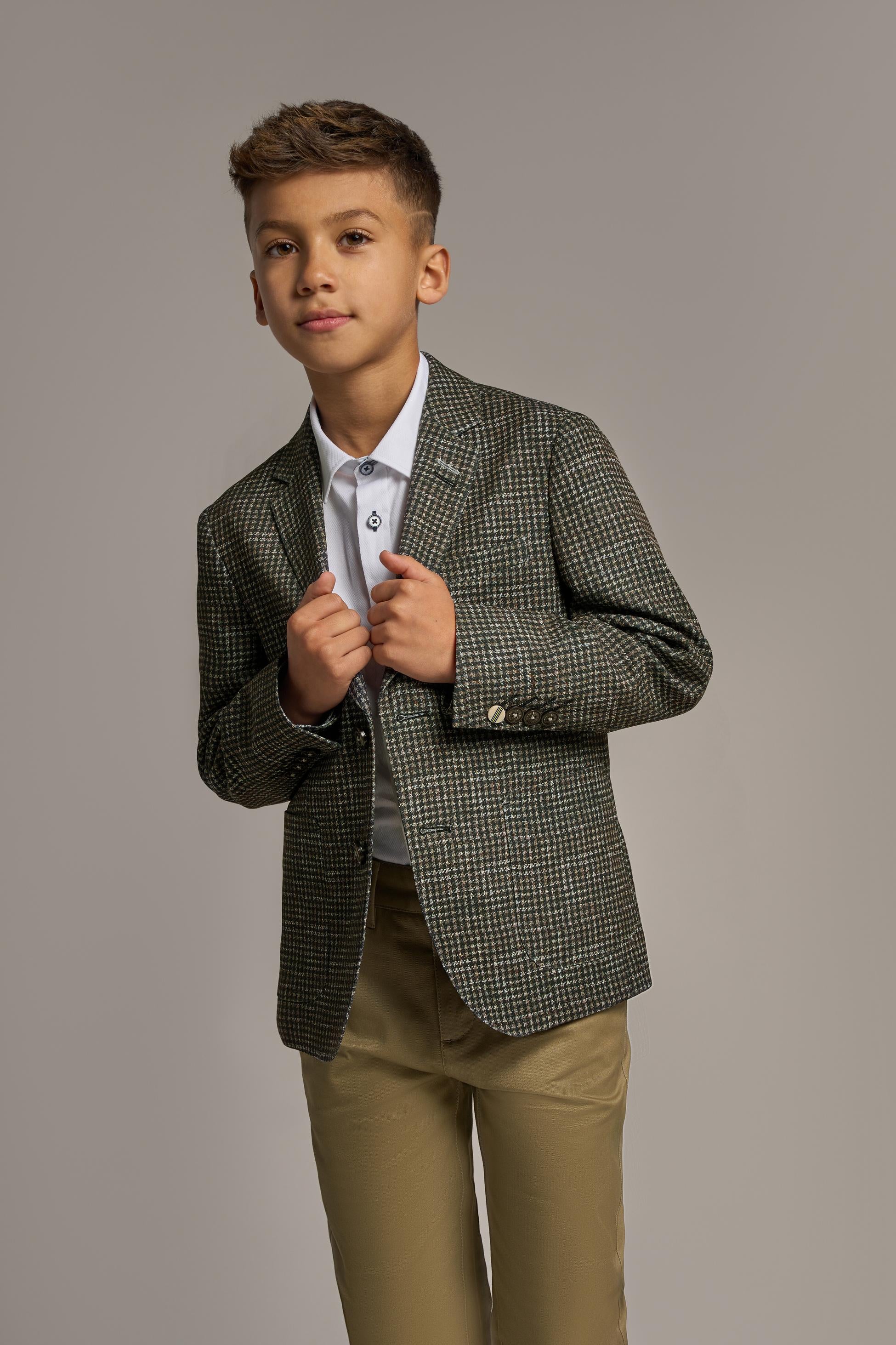 Boys Tweed Houndstooth Forest Green Blazer - RIVA - Green