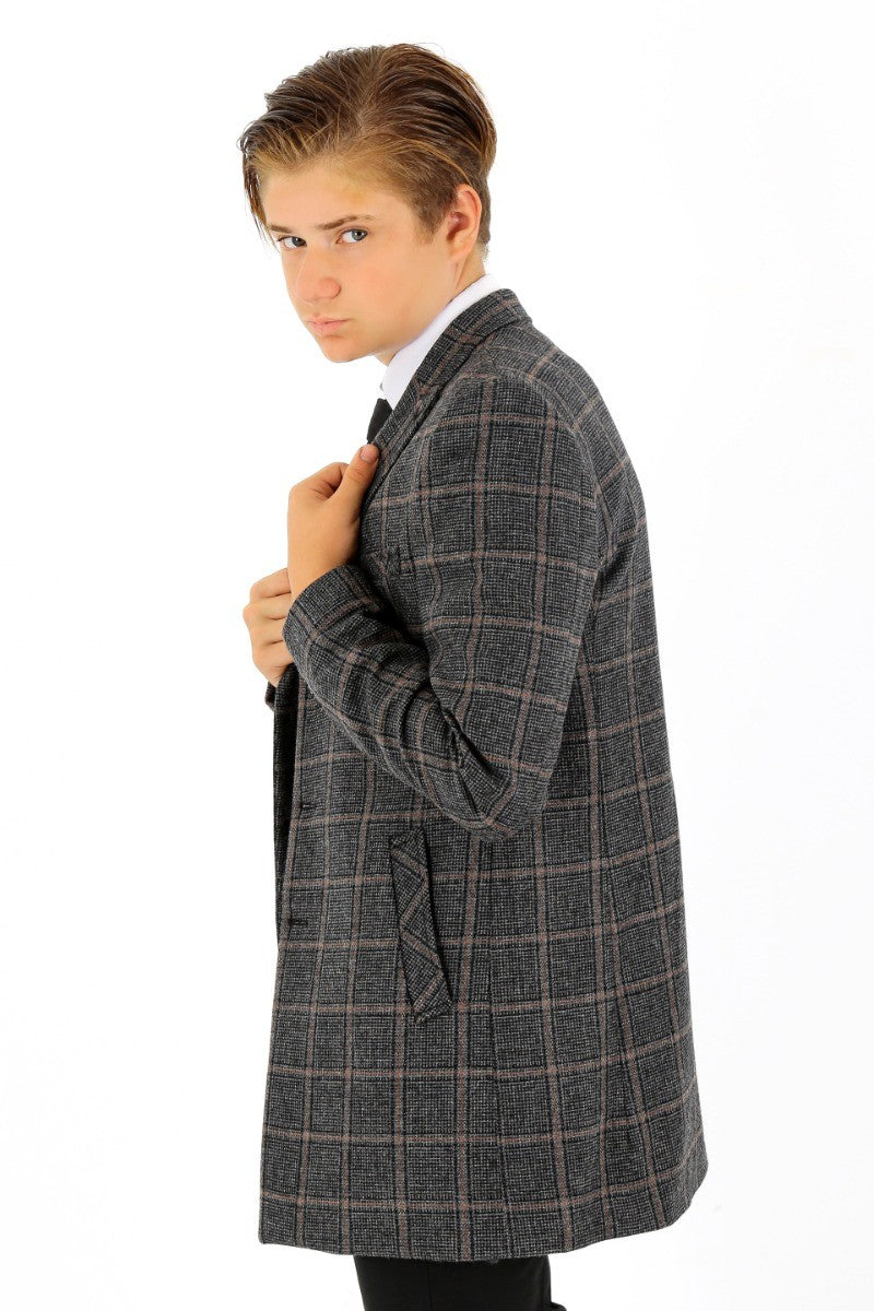 Boys Wool Tweed Check Midi Coat - FAUNUS - Dark Grey