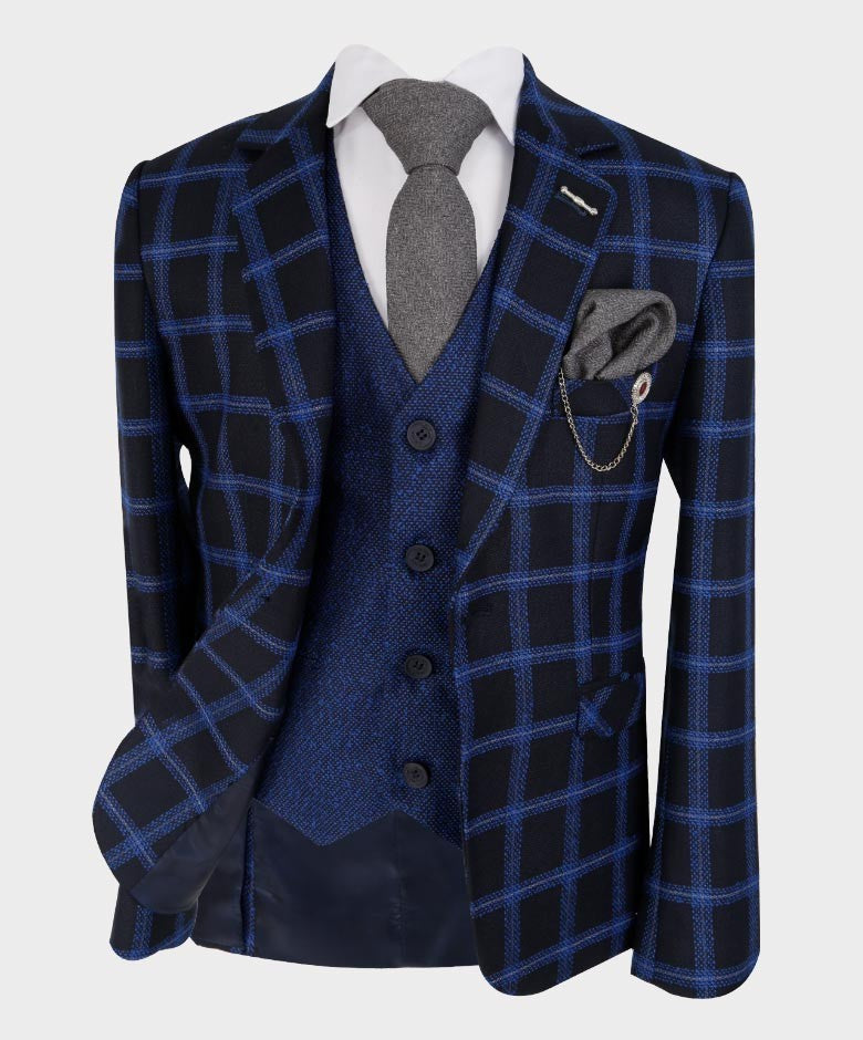 Boys Tailored Fit Windowpane Retro Check Suit - Royal Blue - Black