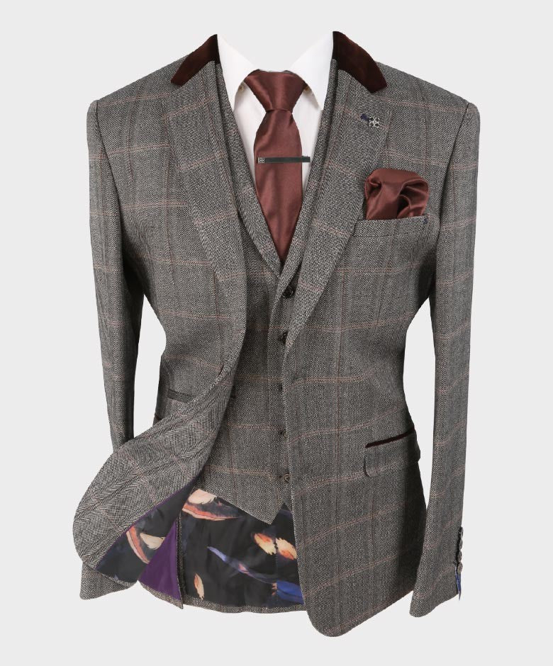 Men's Tweed Check Retro Suit Jacket - Connall Brown - Brown