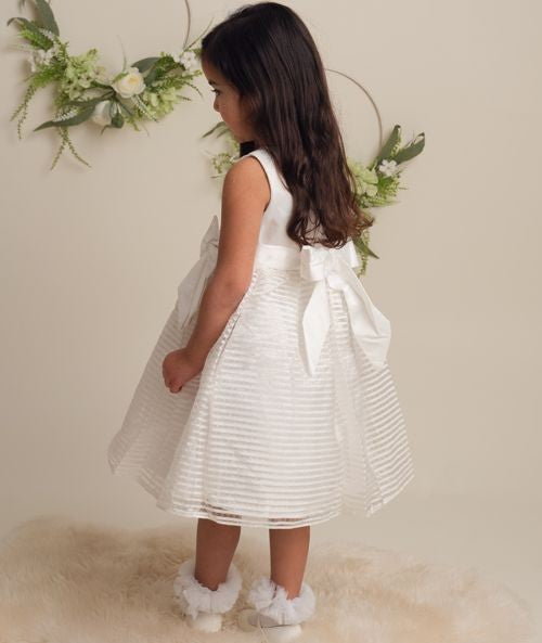 Girls Satin Bow Dress with Striped Tulle Skirt - IZEL - Ivory