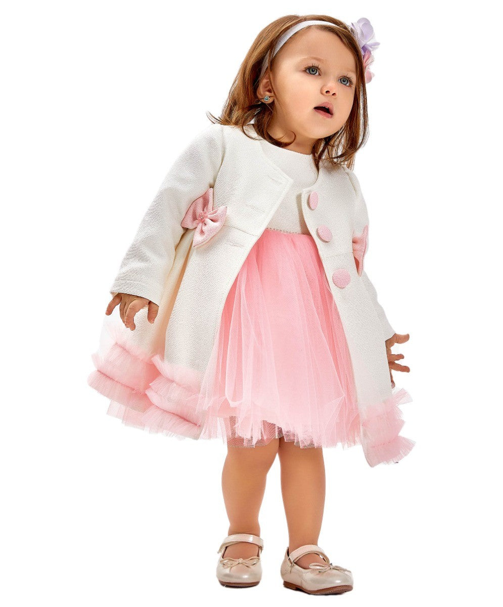 Baby Girl's Knit Tutu Tulle Midi Dress & Coat Set - Ivory -Pink