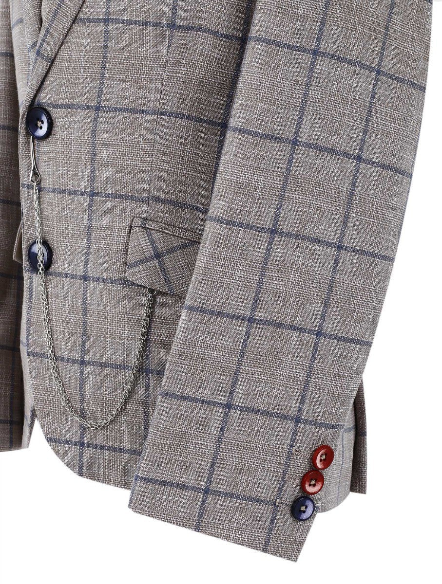 Boys Slim Fit Windowpane Check Suit - Beige