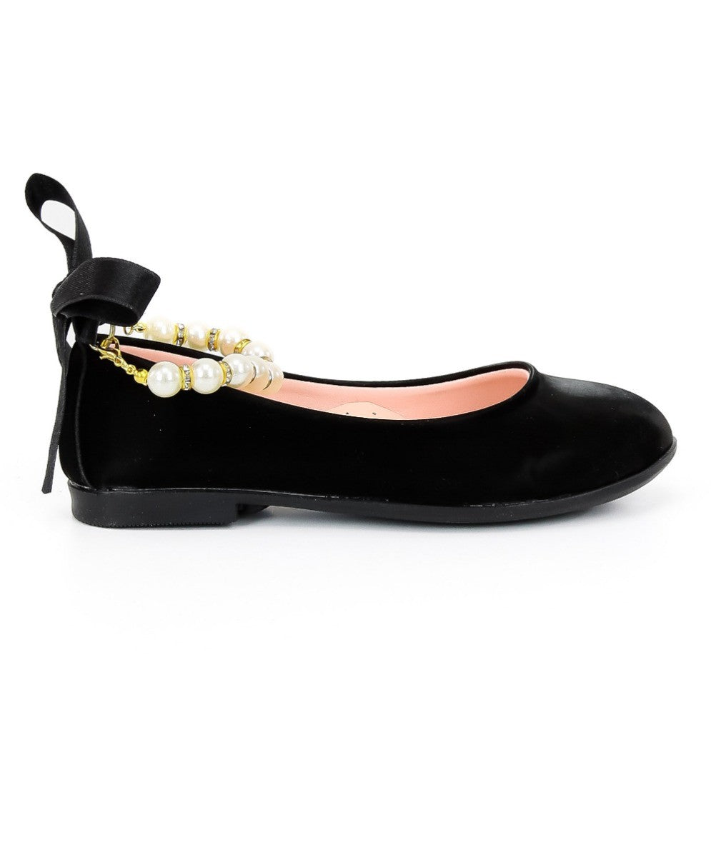 Girls Pearls Flat Mary Jane Shoes - ISABEL - Black