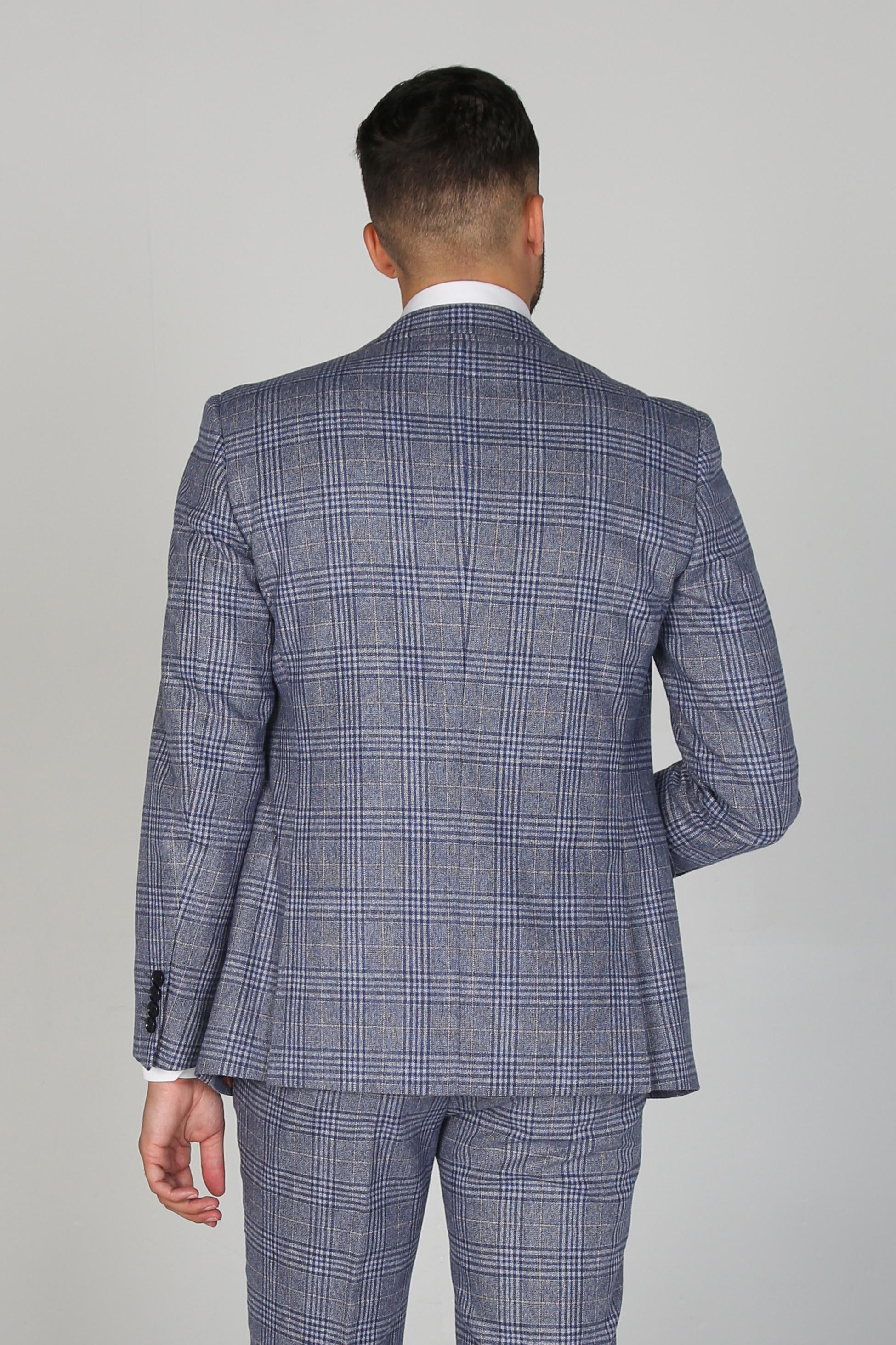 Men's Retro Check Tailored Fit Blue Suit Jacket - VIKTOR - Blue