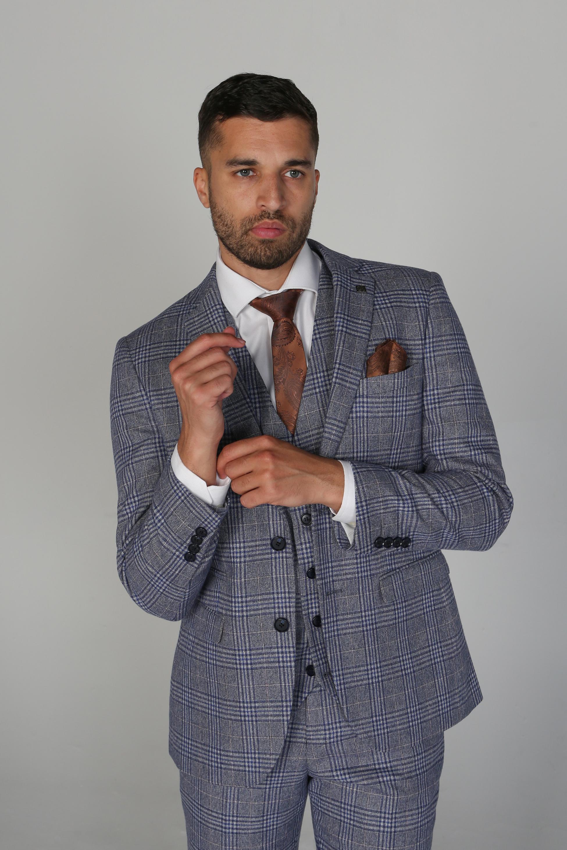 Men's Retro Check Tailored Fit Blue Suit  - VICTOR - Blue