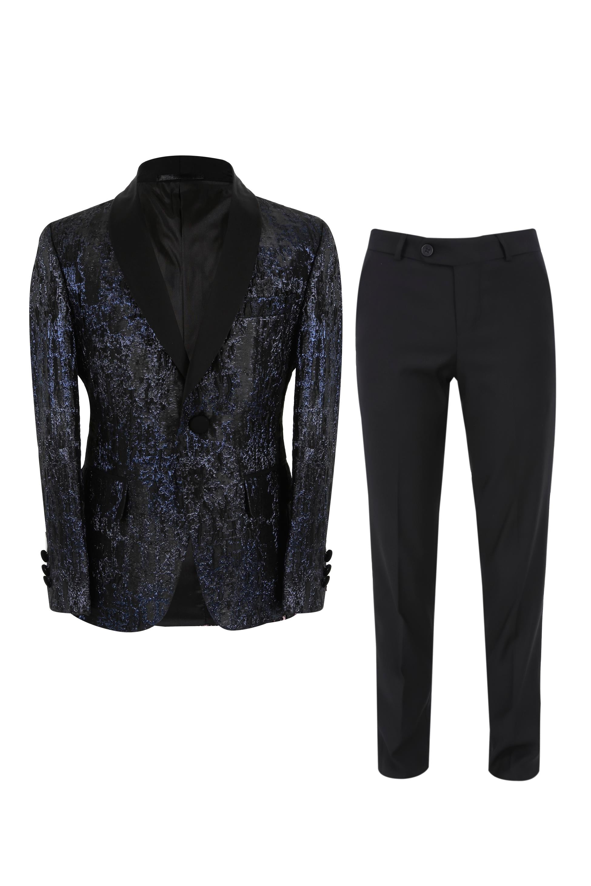 Boys Shimmery Jacquard Patterned Tuxedo Suit - Black - Navy Blue