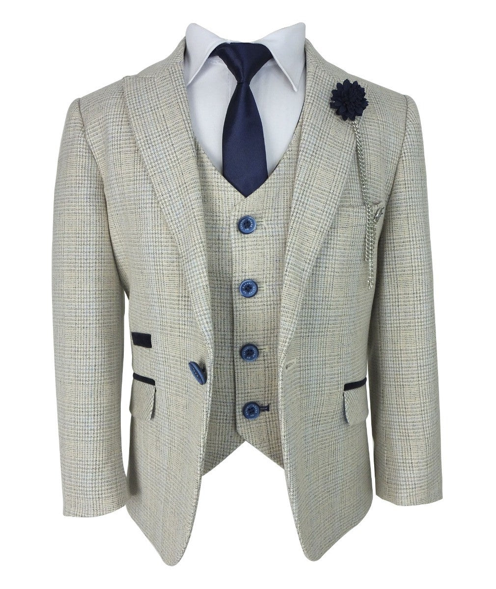 Boys Tweed Houndstooth Check Slim Fit Suit - CARIDI - Beige