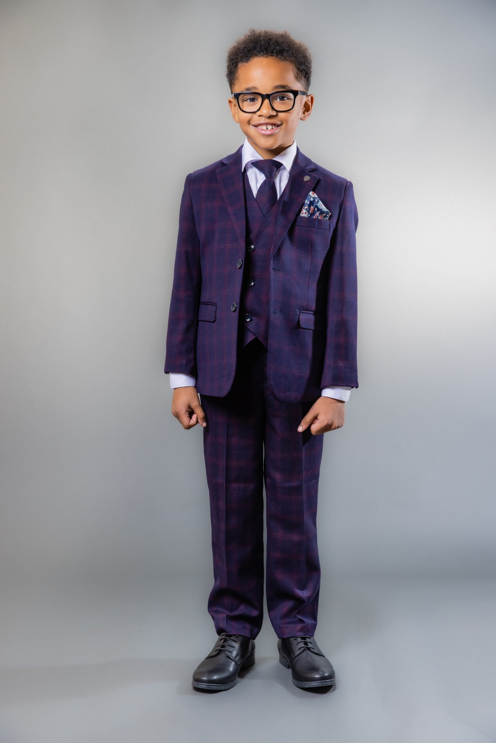 Boys Retro Check Tailored Fit Navy Suit - Navy Blue and Burgundy