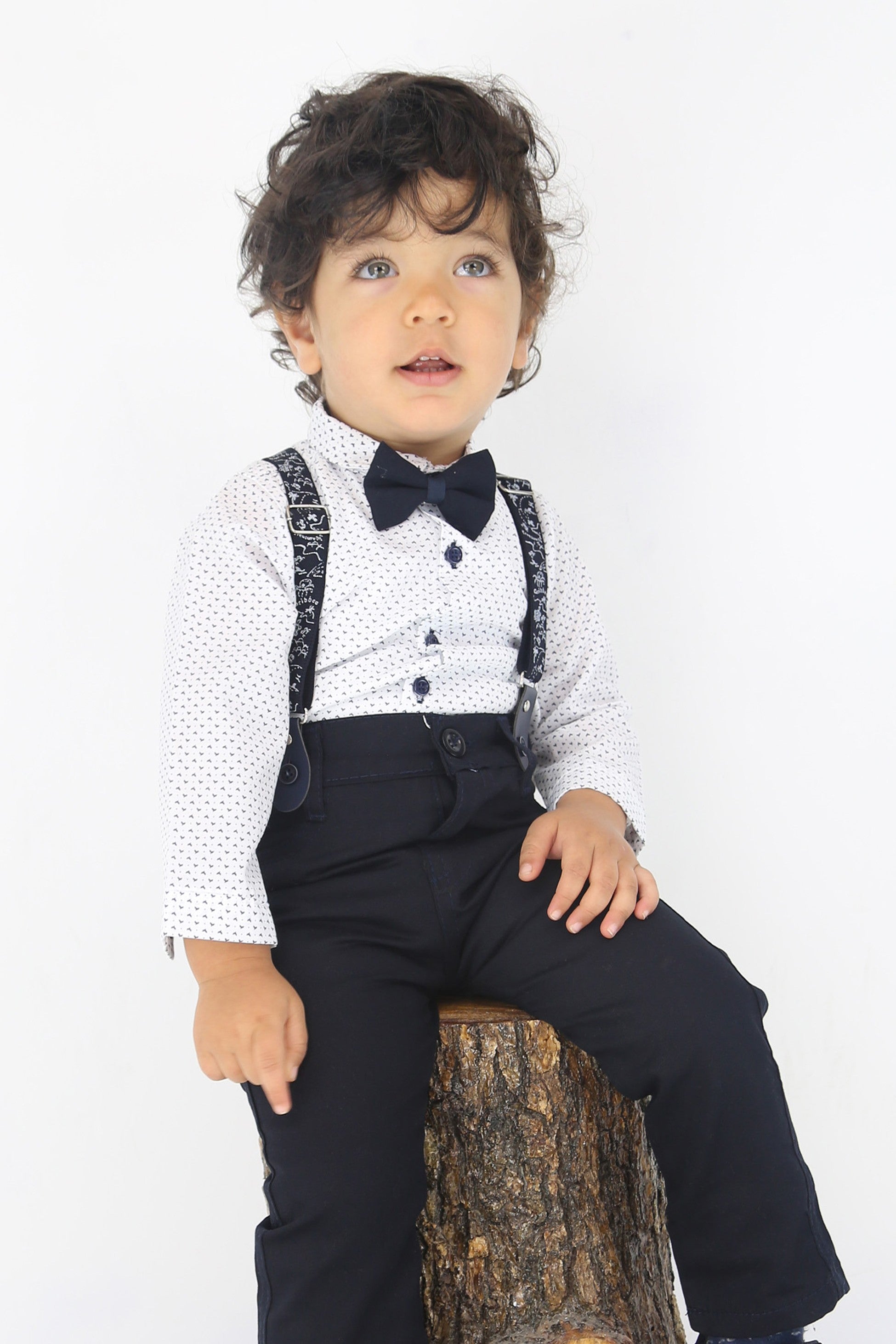 Baby Boys Gentleman Outfit - 4 PC Suspenders Pant Suit Set - BIRD - Navy