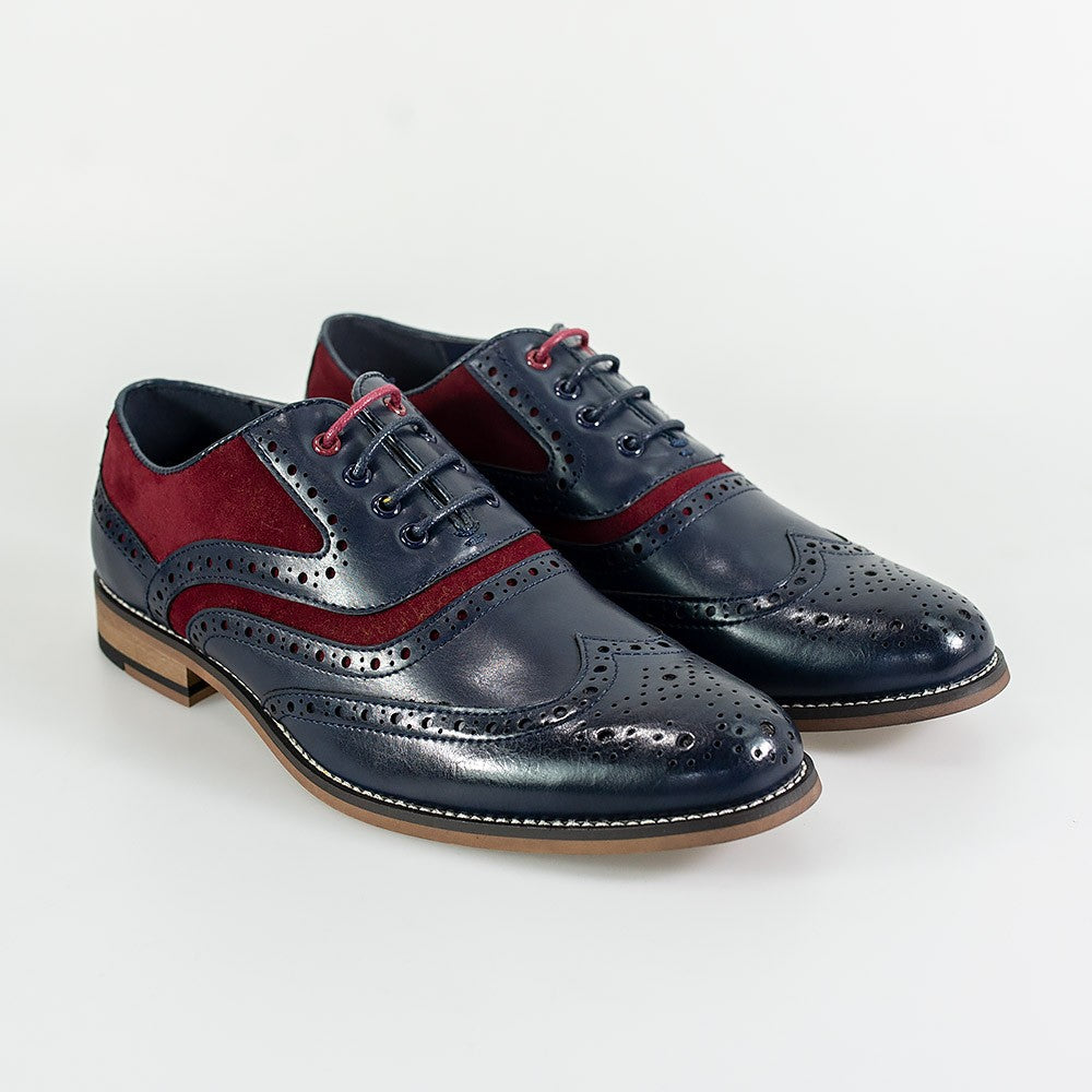 Men's Lace Up Suede & Leather Brogues Shoes -ETHAN - Navy Blue - Red