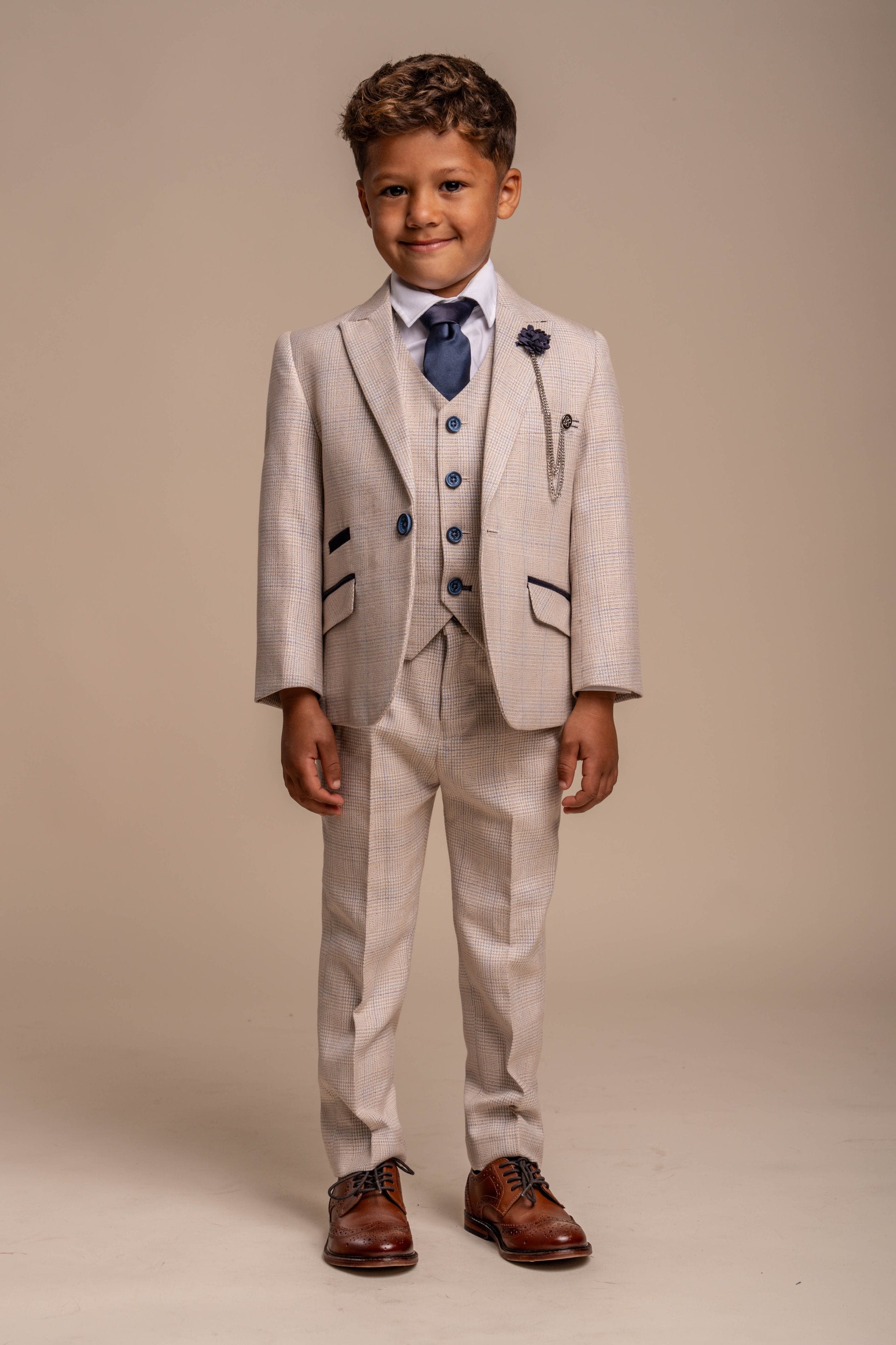 Boys Tweed Houndstooth Check Slim Fit Suit - CARIDI - Beige