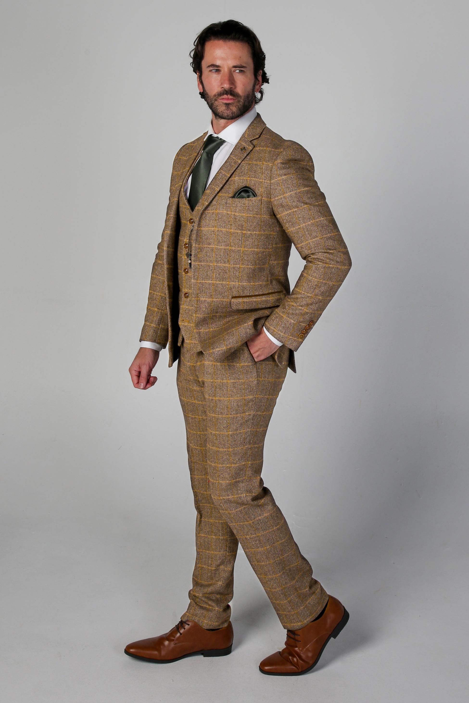 Men's Tweed Retro Windowpane Formal Suit - HARRIS - Brown