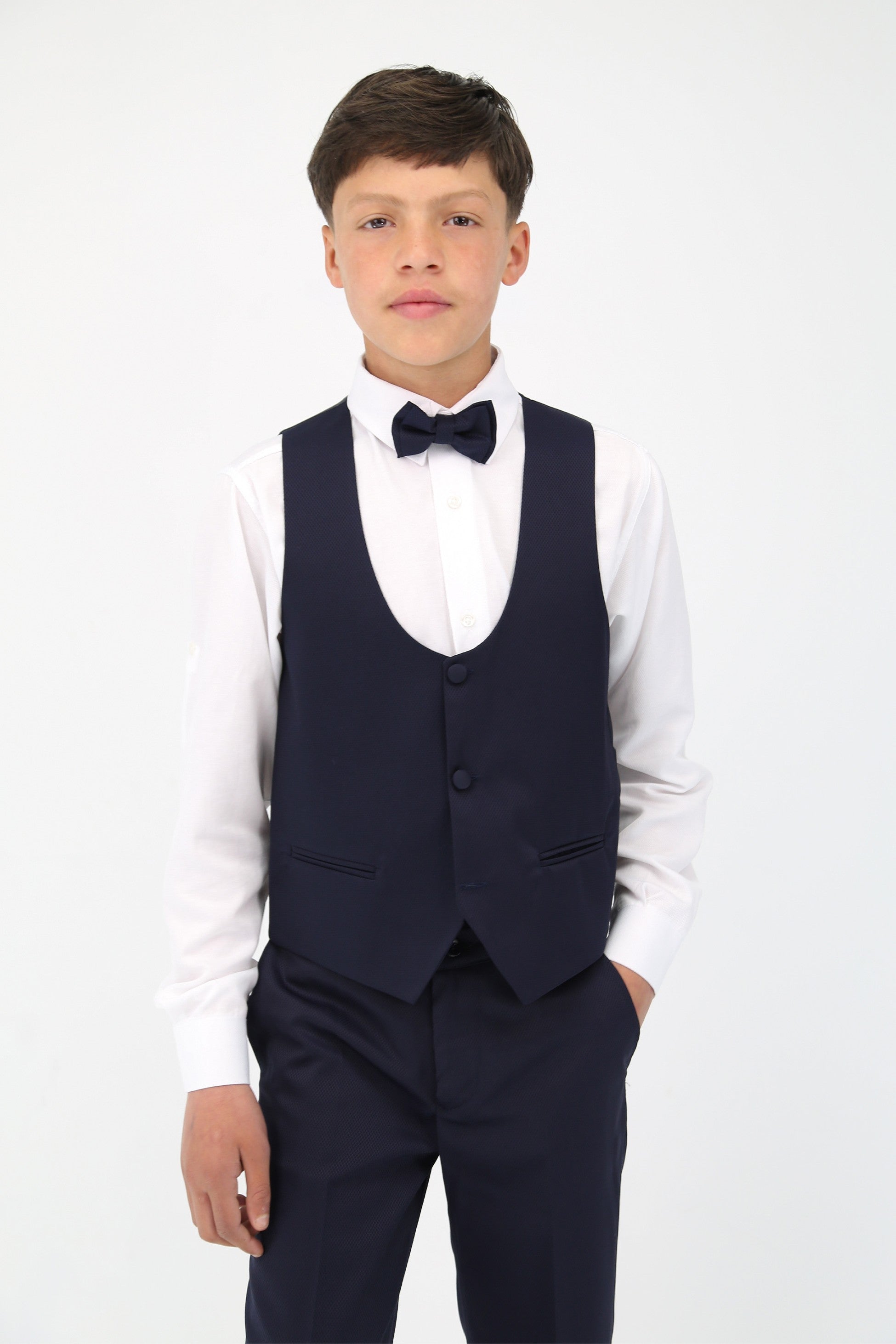 Boys' Satin Shawl Lapel Self-Patterned Tuxedo Suit, 6-Piece Set - Navy