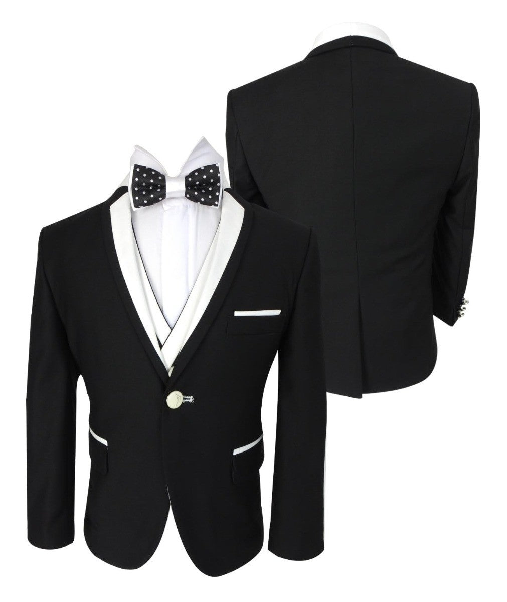 Boys Exclusive Piping Tuxedo Suit - Black - White