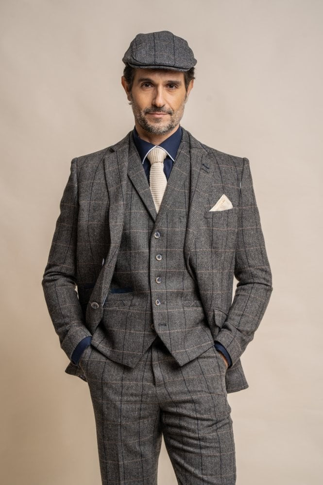 Men's Wool Blend Herringbone Check Suit - Albert - Grey