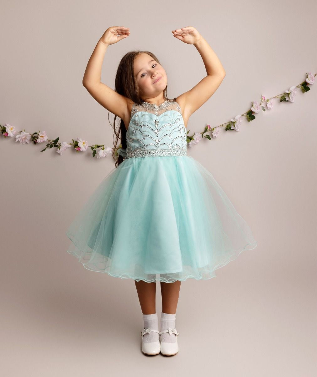 Girls Tulle Dress with Sequin Embellishments - LOLA - Aqua Blue