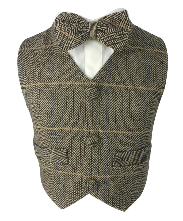 Baby Boys Herringbone Check Tweed Suit Set - Tan Brown