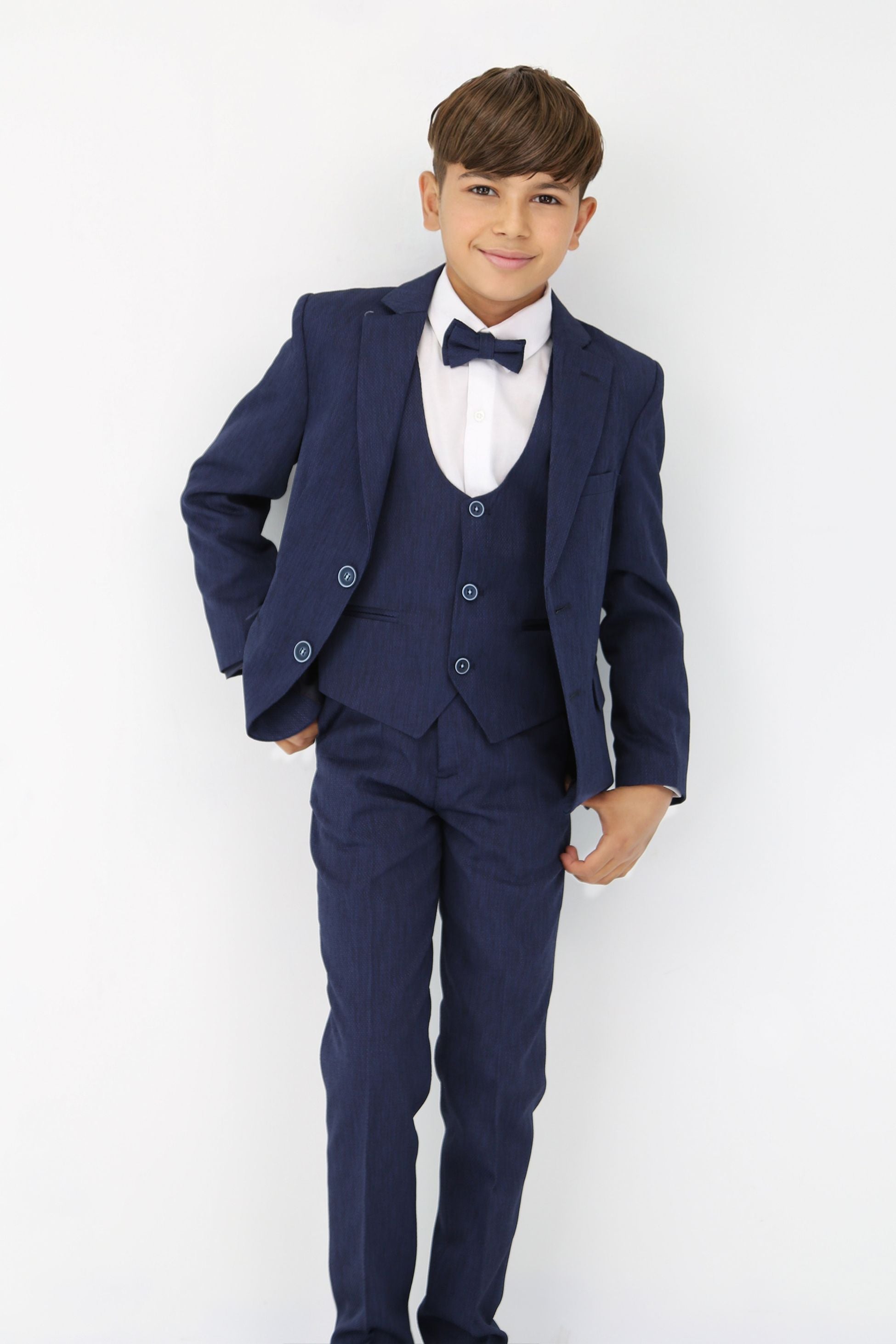 Boys' Slim Fit Self-Patterned 5 PC Suit Set - Navy