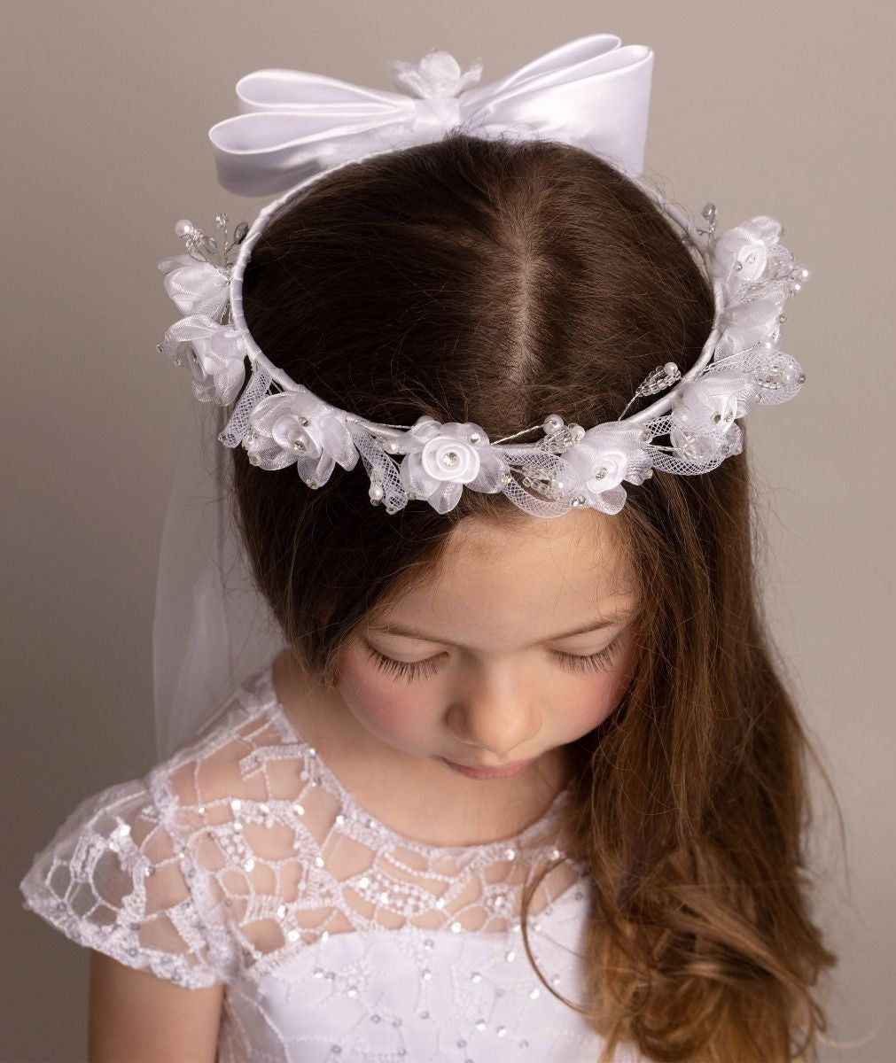 Girls White Floral Tiara & Bow Veil - CMV-2330