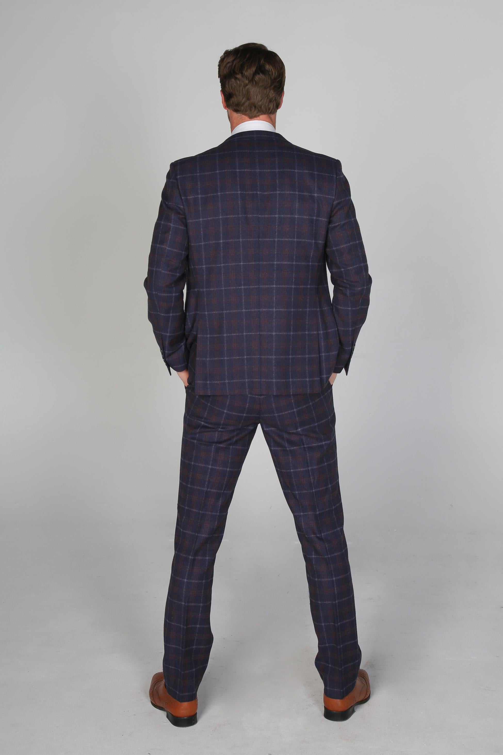 Men's Tailored Fit Retro Check Suit - KENNETH - Navy Blue - Maroon