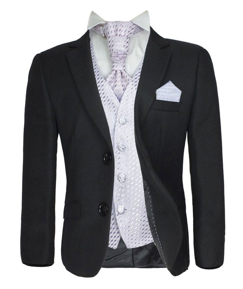 Boys Formal Suit with Patterned Waistcoat and Cravat Set - Antonio - Black - Lilac