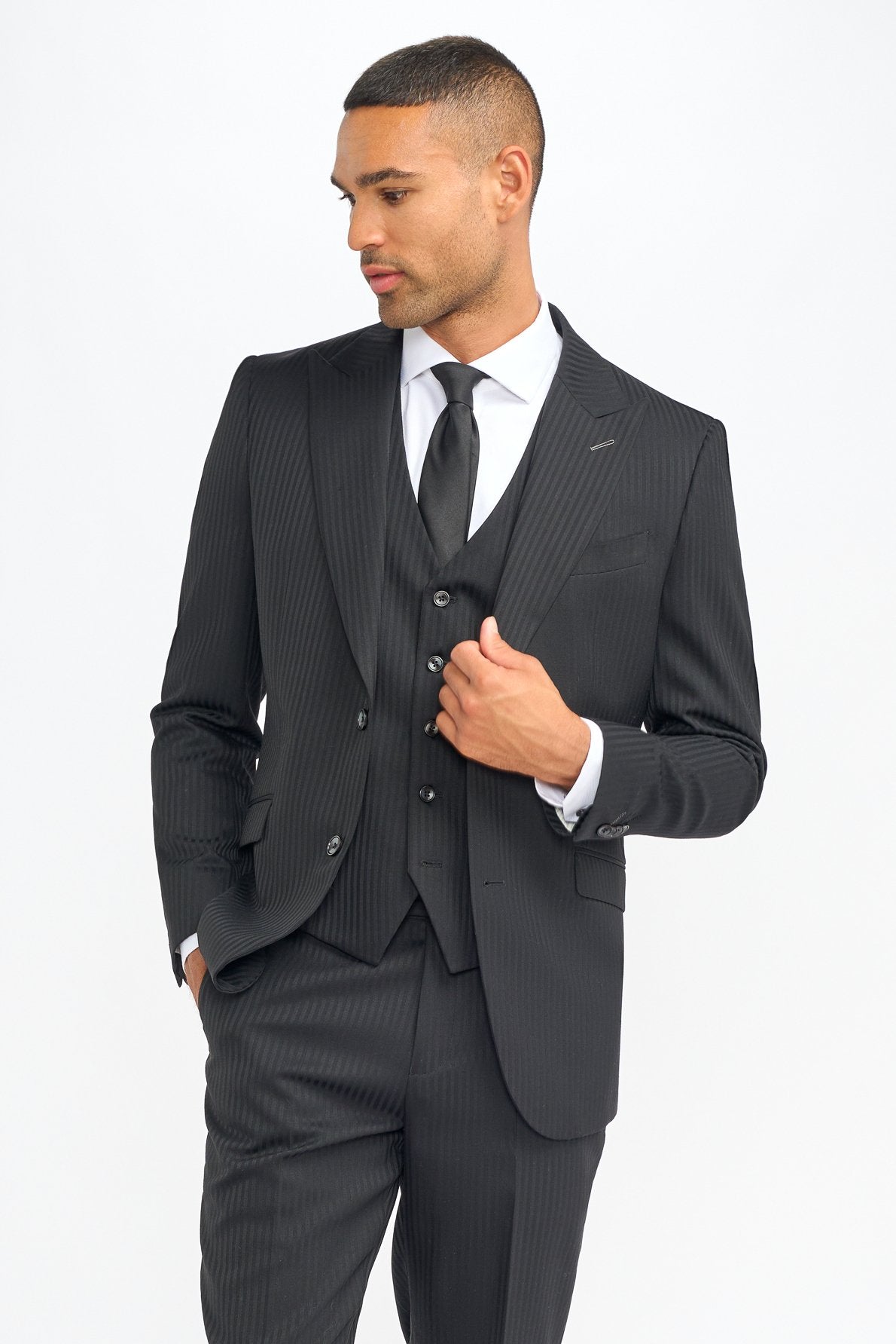 Men’s 3 Piece Black Wool Pinstripe Suit - Roberto - Black