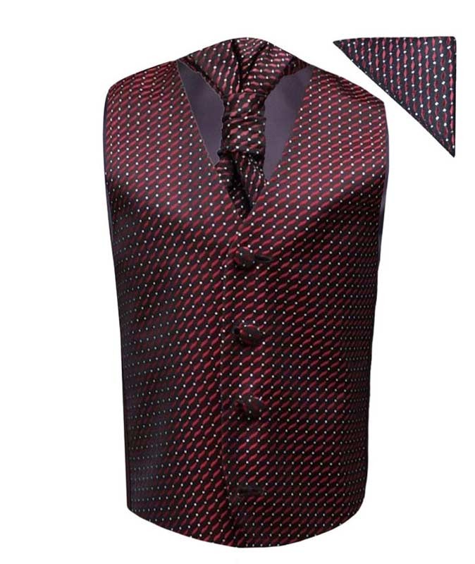 Boys Patterned Waistcoat Cravat Hanky Set - Burgundy