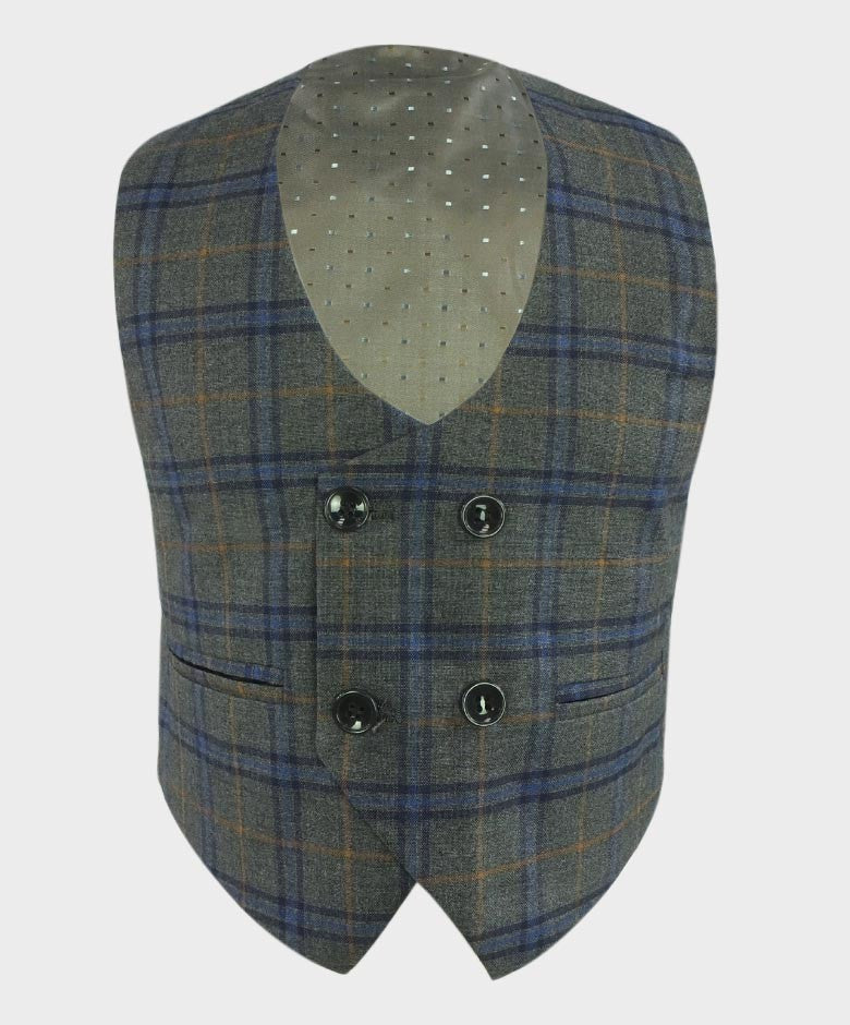 Boys Tailored Fit Windowpane Check Grey Suit - Blue - Orange