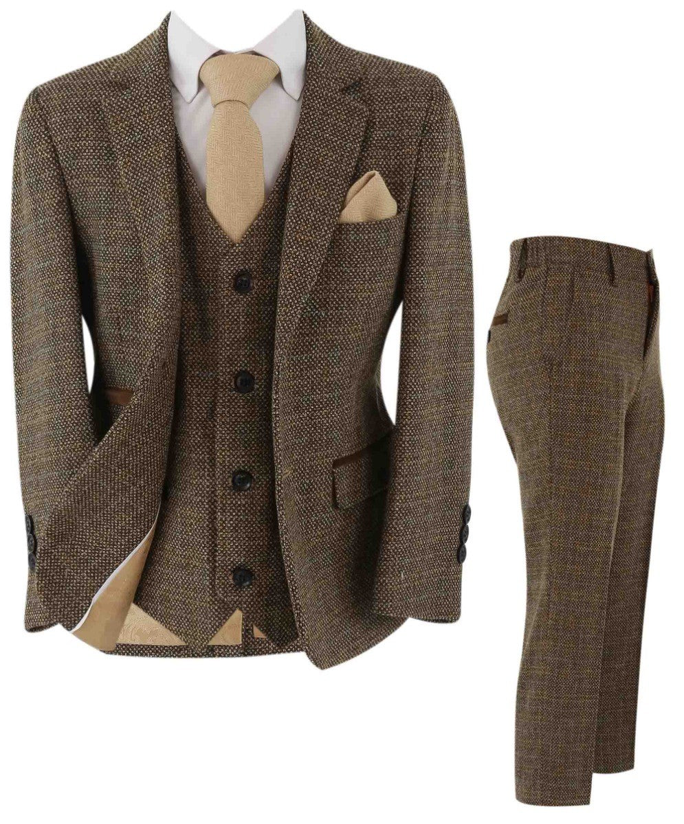 Boys Tweed Tailored Fit Formal Suit - Ralph - Brown