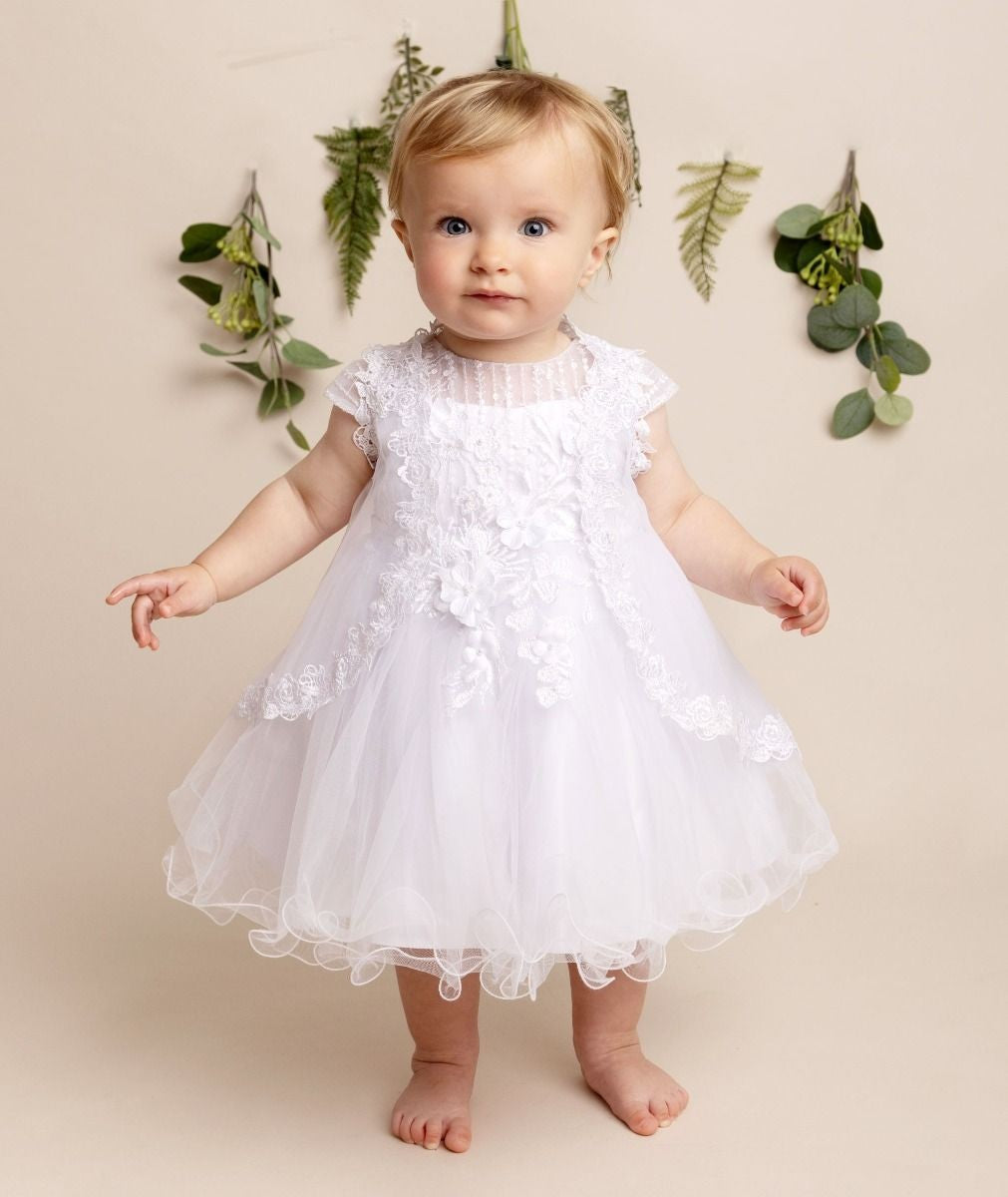 Baby Girls White Tulle & Lace Christening Dress - BONNIE - White