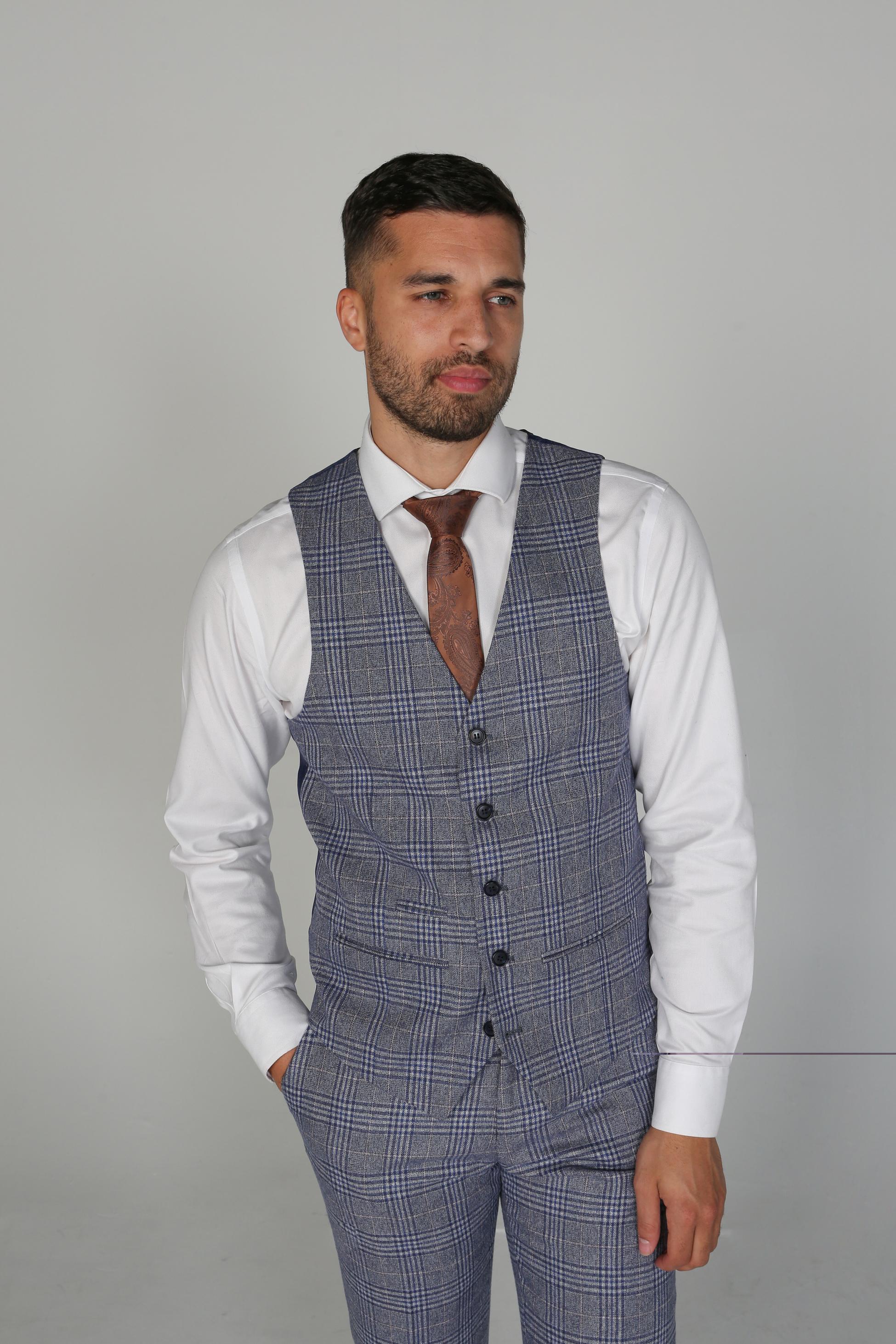 Men's Retro Check Tailored Fit Blue Waistcoat - VIKTOR - Blue