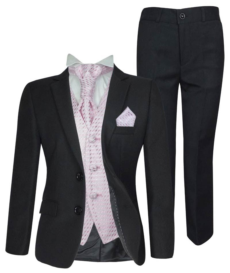 Boys Formal Suit with Patterned Waistcoat and Cravat Set - Antonio - Black - Pink